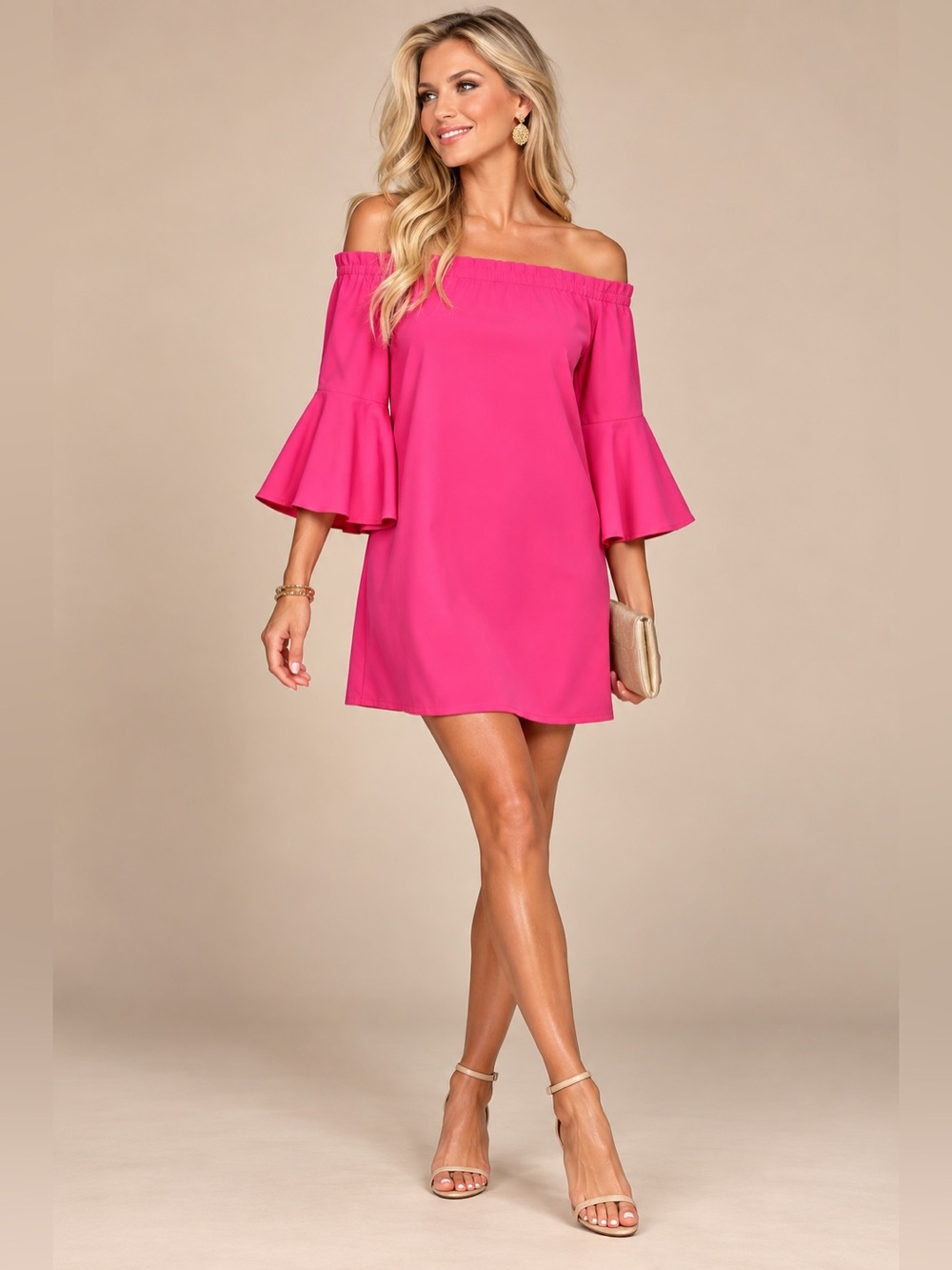 Trina Turk Off-Shoulder Bell Sleeve Dress in Hot Pink- Size Medium NWT